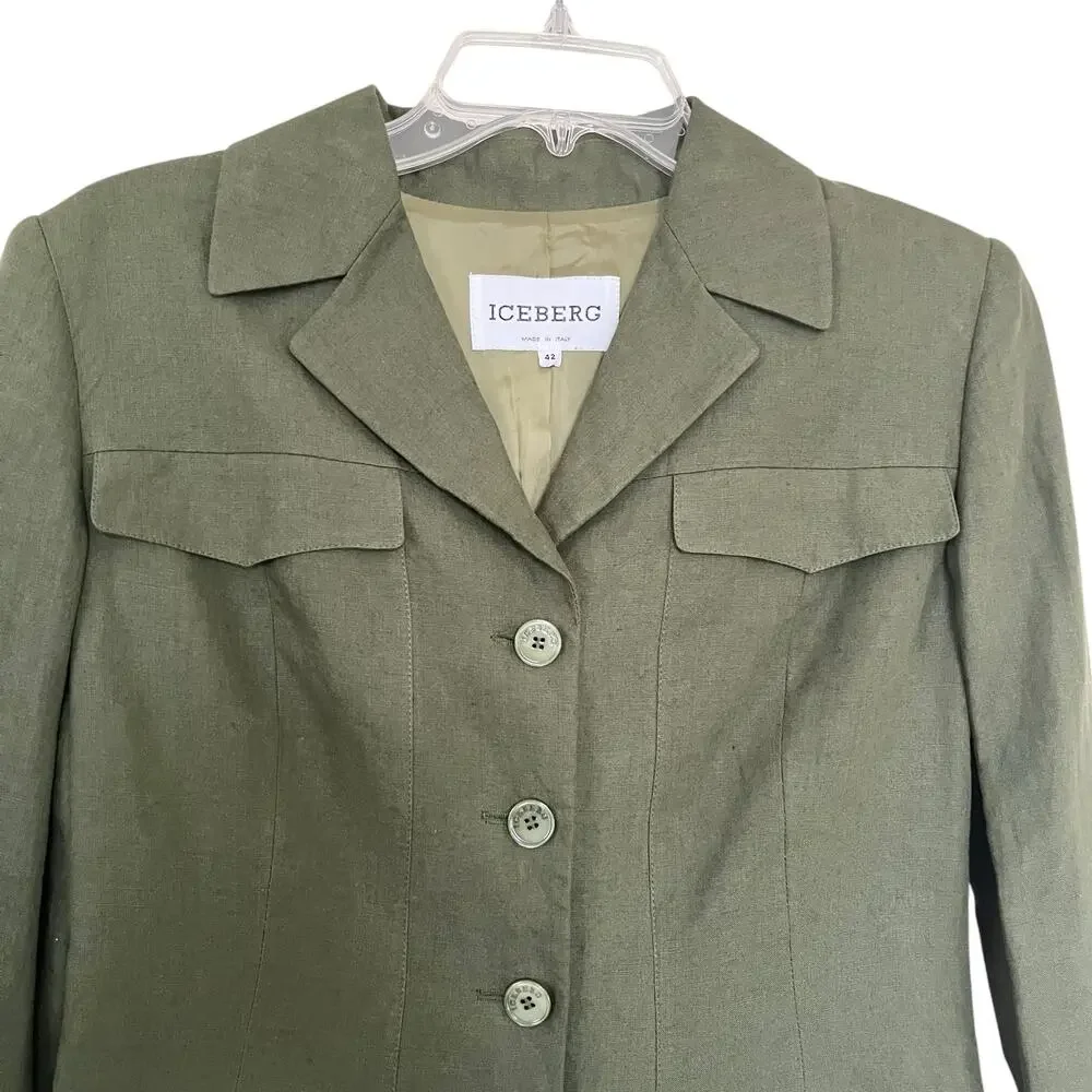 Iceberg Army Green 100% Linen Button Front Utilitarian Blazer Jacket Size IT 42